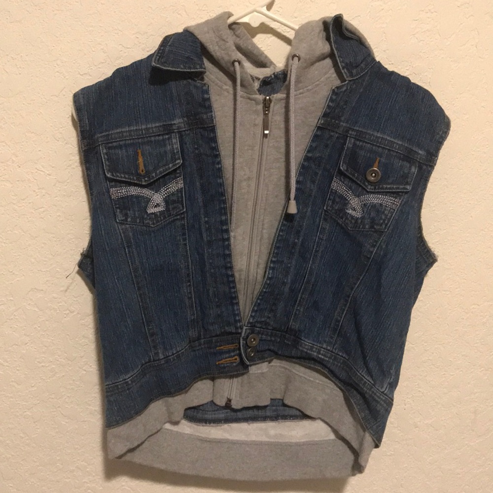 Jean jacket w/built in grey hoodie